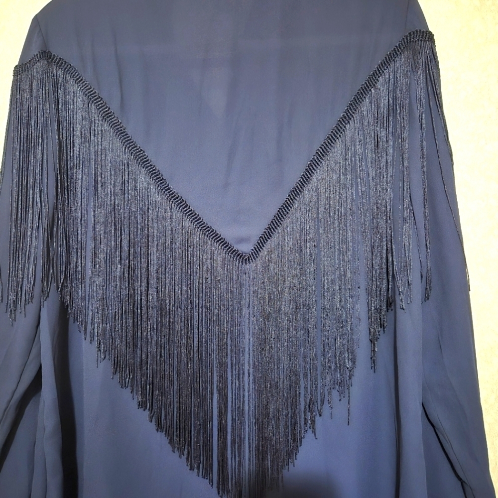 NEW...Chic Navy Fringe Button-Up Shirt..SIZE:L - Picture 11 of 13
